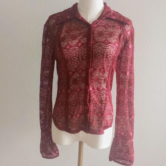 Y2K Red Sheer Flared Lace Ann Ferriday Blouse - Picture 1 of 4
